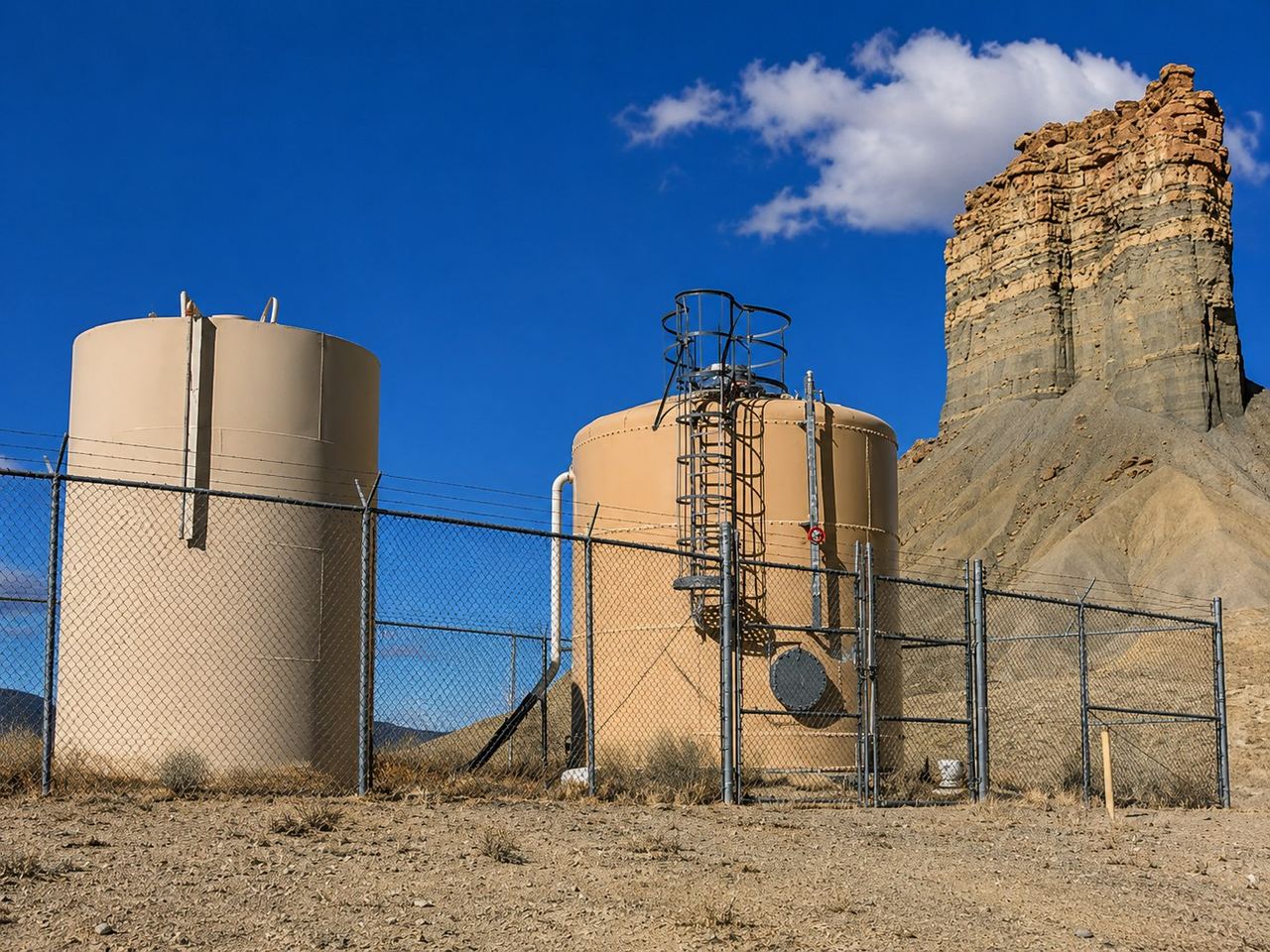 Fenced ground storage tanks at a high-desert water system