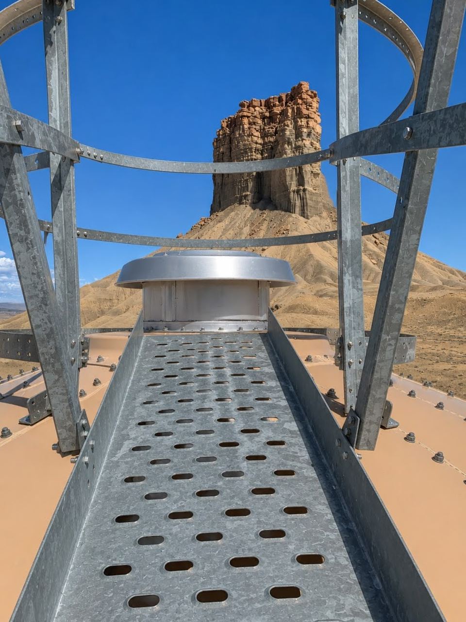 Galvanized catwalk and caged ladder grating on a bolted-steel storage tank