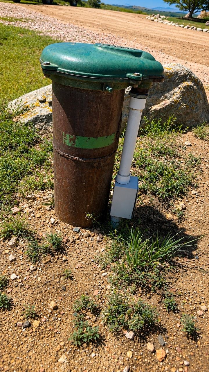 Well head with a pitless adapter cap on a gravel pad