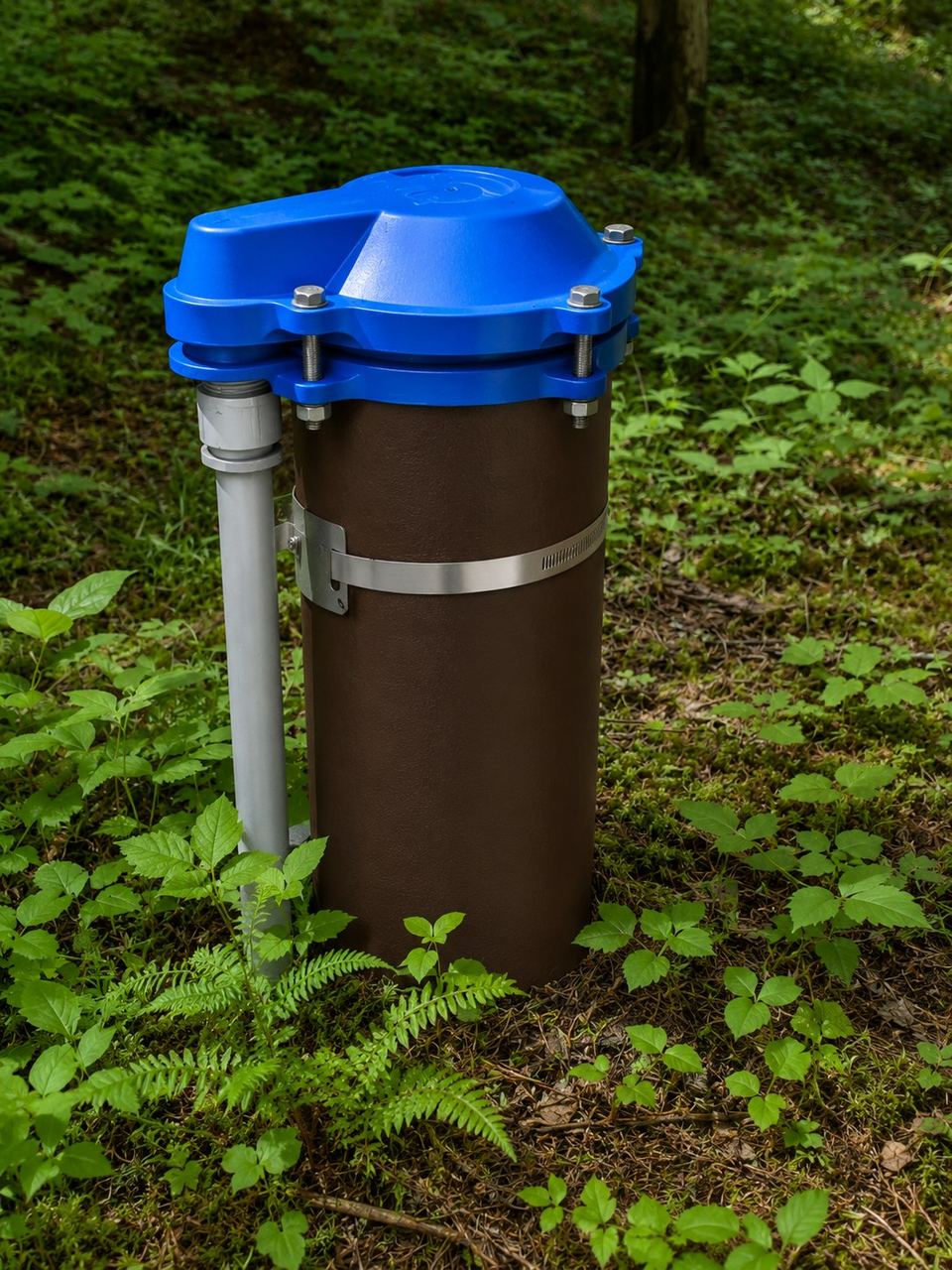 Wellhead enclosure tank with a sealed lid in a wooded setting